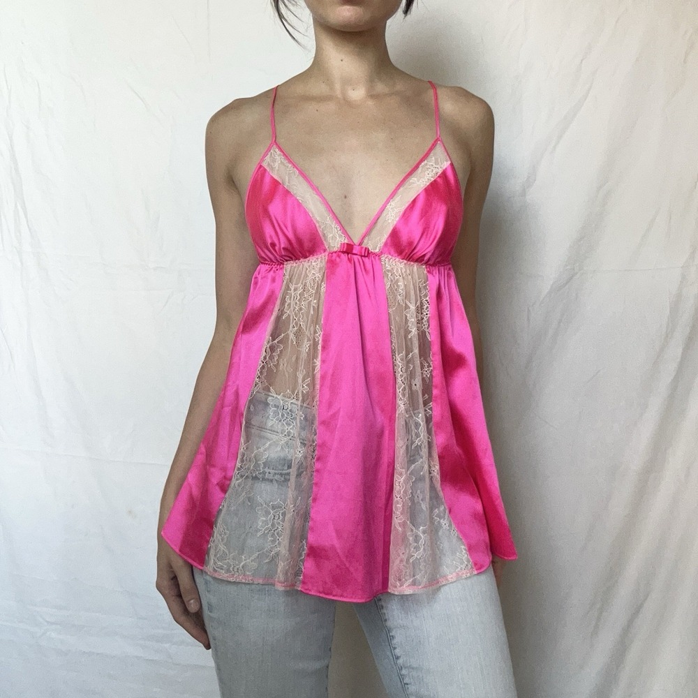 Victoria's Secret Hot Pink Babydoll Top Lace Sheer Y2K Coquette Sexy Feminine
